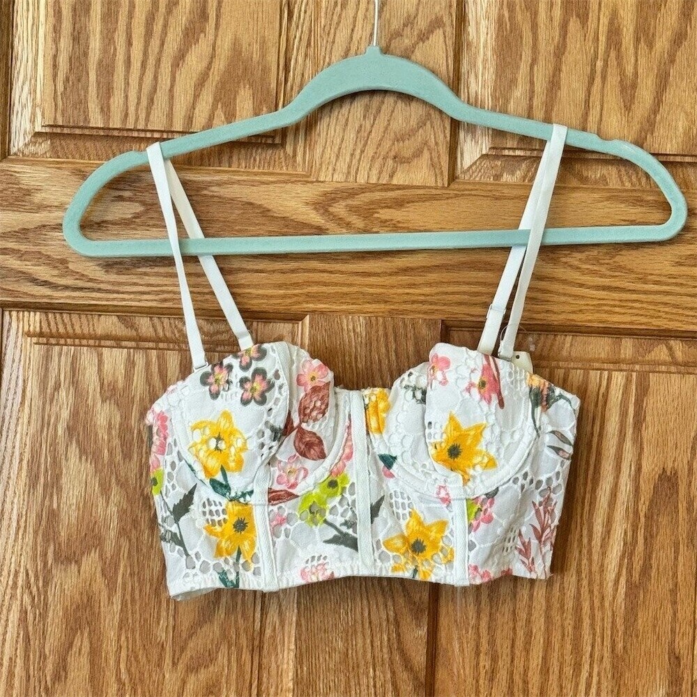 Aerie Real Good Bra Womens 34B White Multicolor Floral Lace Longline